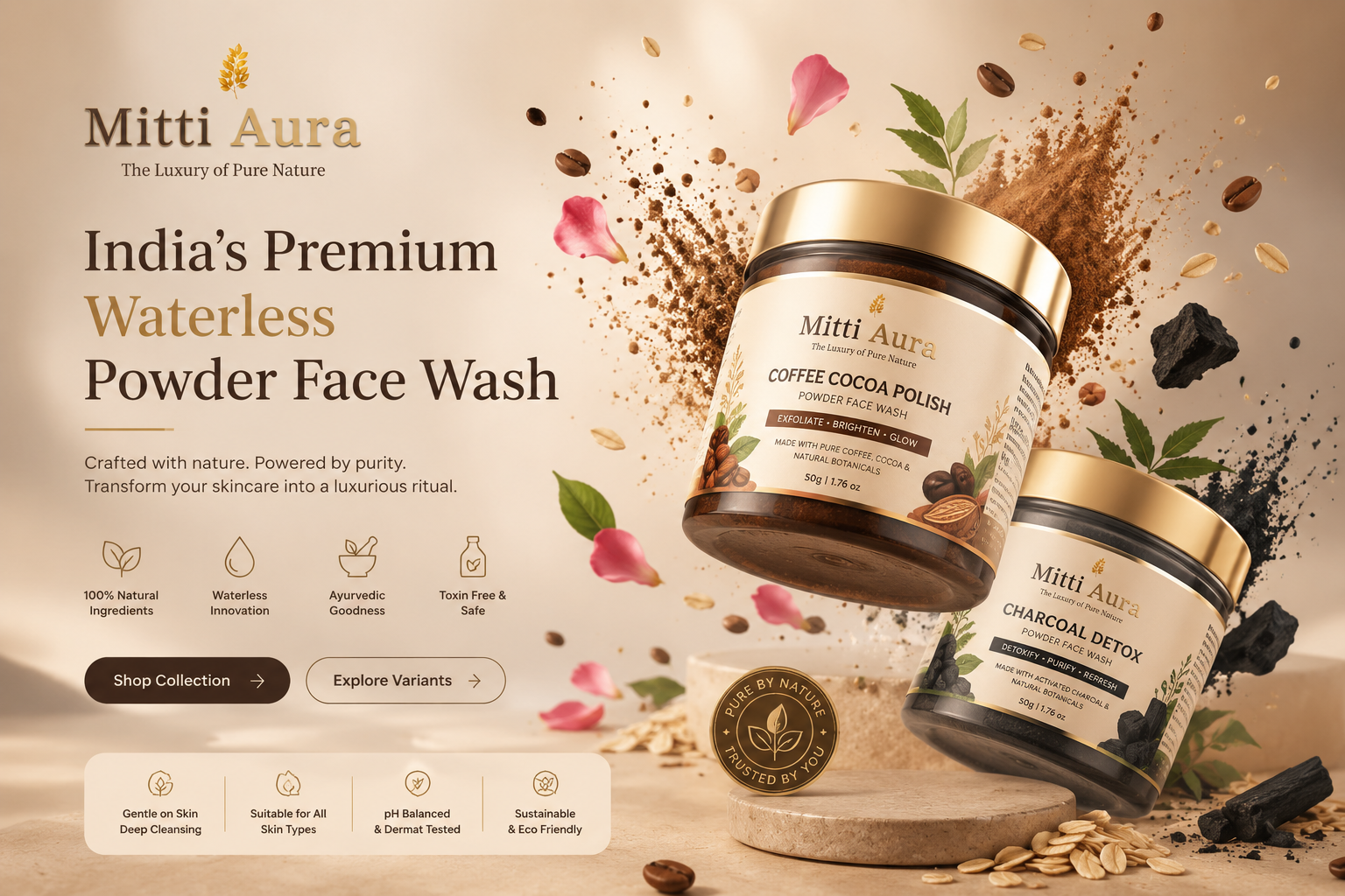 Mitti Aura India's premium waterless powder face wash hero banner